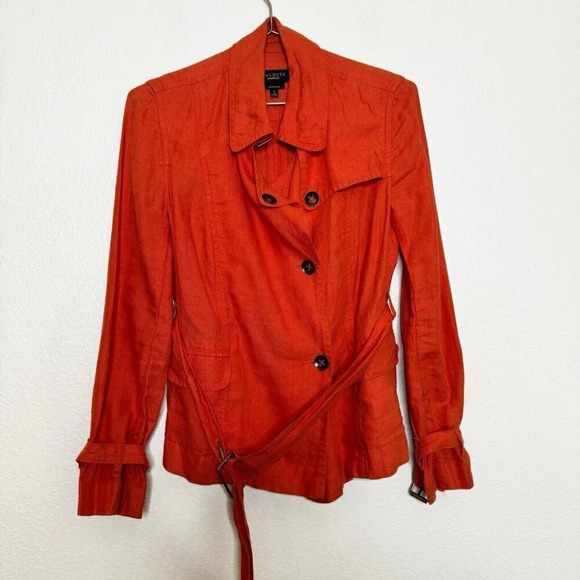 Talbots Orange Irish Linen Trench Coat Button Belted Summer Spring Jacket Sz 4P - Picture 1 of 14